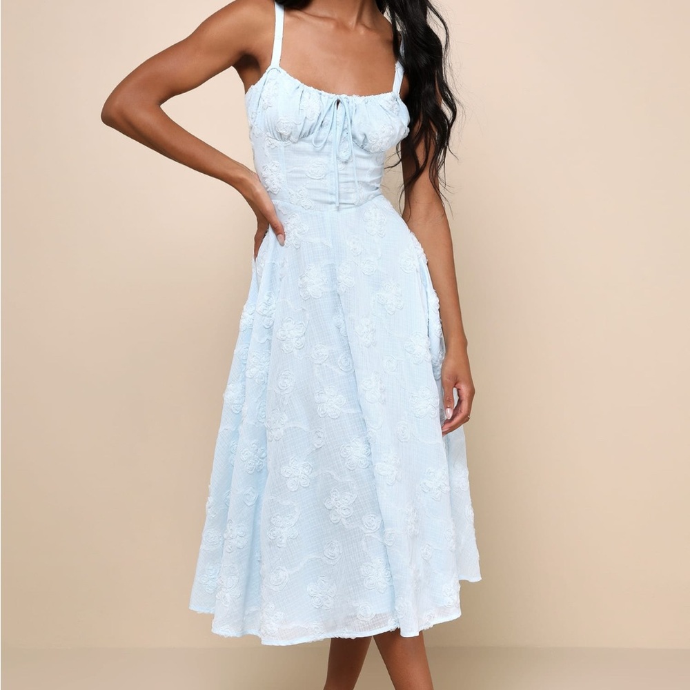 Lulus Darling Confidence Light Blue Rosette Bustier Lace-Up Midi Dress